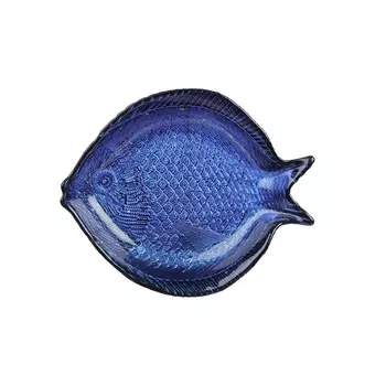 Блюдо глубокое, 18х3 см, стекло, синее, Рыба, Fish print