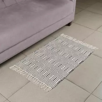 Коврик, 60x90 см, с бахромой, хлопок, черно-молочный, Rhombic