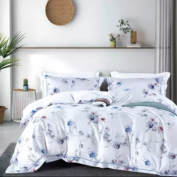 КПБ евро, тенсель 224 ТС, белый, Цветы, Tencel