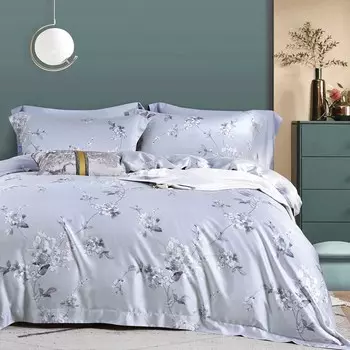 КПБ евро, тенсель 300 ТС, серый, Белые цветы, Tencel