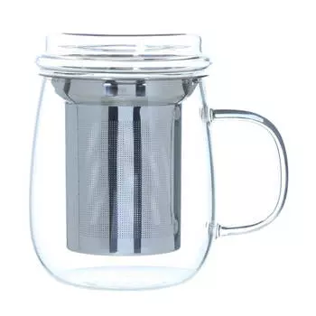 Кружка, 450 мл, с ситом для заваривания и крышкой, стекло Б/сталь, Clear