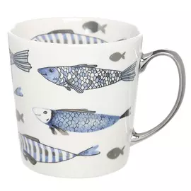 Кружка, 500 мл, фарфор N, белая, Серебристо-синие рыбы, Fish print