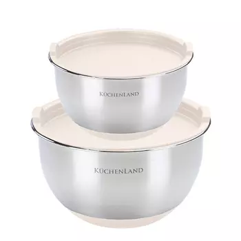 Миска, 1,25/2,5 л, 2 шт, с крышкой, антискользящее дно, сталь/пластик, бежевая, Terra