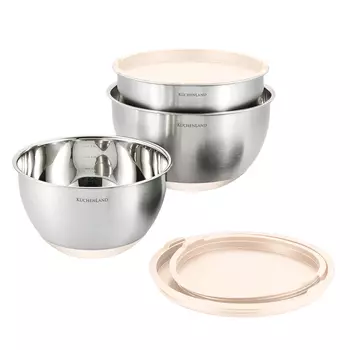 Миска, 1,5/2,5/3 л, 3 шт, с крышкой, антискользящее дно, сталь/пластик, бежевая, Terra