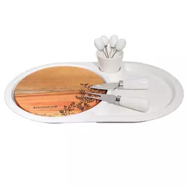 Набор для сыра, 9 пр., блюдо на подставке/пиала/шпажки, керамика/дерево, Травы, Cheese