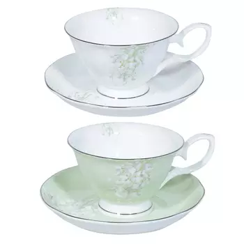 Пара чайная, 2 перс, 4 пр, 180 мл, фарфор F, белая/зеленая, Ландыши, May-Lily