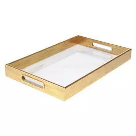 Поднос, 25х41 см, пластик/стекло, прямоугольный, бело-золотистый, Листья