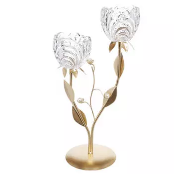 Подсвечник, 39 см, 2 чайные свечи, стекло/металл, бронзовый, Цветы с бусинами, Fantastic flowers