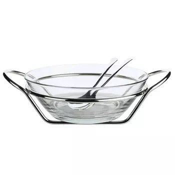 Салатник, 35х27см, 2 л, 3 пр, с ложкой/вилкой, на подставке, стекло/металл, Fantastic