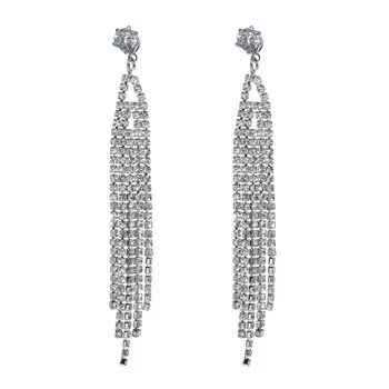 Серьги-пуссеты, 7 см, 2 шт, металл/стразы, серебристые, Цепи, Jewelry