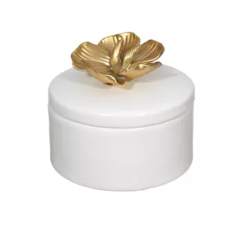 Шкатулка, 10 см, керамика, круглая, белая, Золотистый цветок
