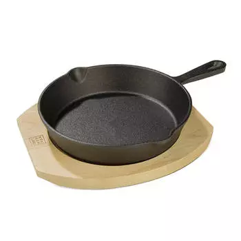 Сковорода, 20 см, на подставке, чугун/дерево, круглая, черная, Authentic