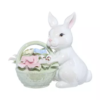 Статуэтка, 12 см, керамика, белая, перламутр, Кролик с корзиной цветов, Easter