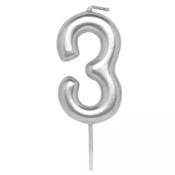 Свеча для торта, 8 см, серебристая, Цифра 3, Birthday party