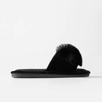 Тапочки женские, домашние, р. 38-39, с помпоном, полиэстер, черные, Pompon