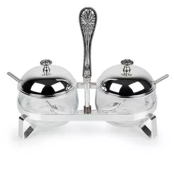 Вазочка для джема, 11 см, 2 шт, с ложками, на подставке, стекло/сталь, Brittany
