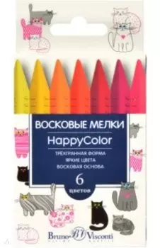 Мелки восковые HappyColor, 6 цветов, трехгранные, в ассортименте