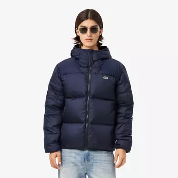 Мужской короткий влагоотталкивающий и ветроустойчивый пуховик Lacoste с капюшоном