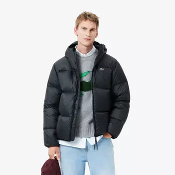 Мужской короткий влагоотталкивающий и ветроустойчивый пуховик Lacoste с капюшоном