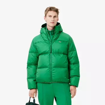 Мужской короткий влагоотталкивающий и ветроустойчивый пуховик Lacoste с капюшоном