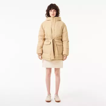 Женский короткий пуховик Lacoste с поясом и высоким воротом
