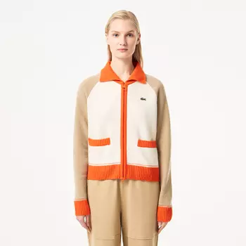 Женский шерстяной свитер Lacoste на молнии с карманами и воротником поло