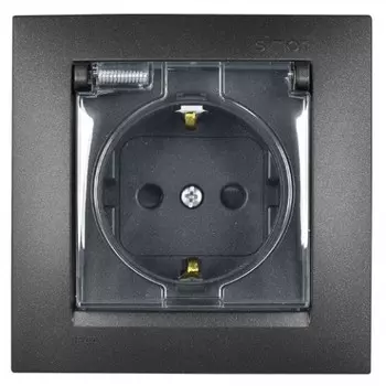 1590450-038 Розетка с заземлением Schuko со шторками, с крышкой, IP44, 16А 250В, винтовой зажим, графит Simon 15