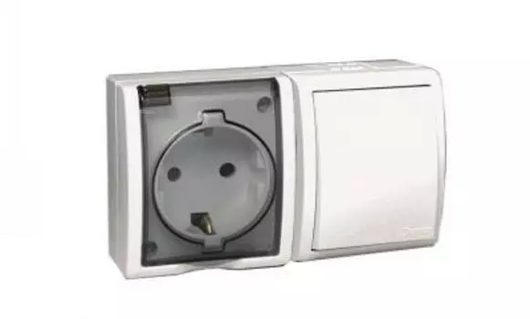 1594516-030 Блок, розетка с заземлением Schuko 16А 250В + выключатель одноклавишный проходной 10А 250В, IP54, S1 Simon 15 Aqua