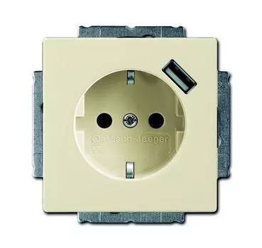 2011-0-6177 (20 EUCBUSB-82-500), Розетка Schuko с устройством зарядным USB, 20 EUCBUSB-82-500, Future слоновая кость(саванна), 16А, 700 мА, электронная защита от перегрузки и КЗ, безвинтовые клеммы, защитные шторки,, ABB