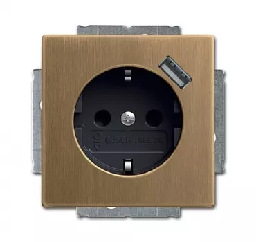 2011-0-6246 (20 EUCBUSB-840-500), Розетка Schuko с устройством зарядным USB, 20 EUCBUSB-82-500, 16А, 700 мА, электронная защита от перегрузки и КЗ, безвинтовые клеммы защитные шторки, серия Династия, Латунь античная, ABB