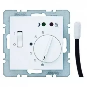 20348989 Регулятор температуры помещения пола с замыкающим контактом, с центральной панелью и светодиодом цвет: полярная белизна, с блеском S.1/B.3/B.7 Glas Berker