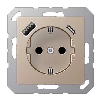 A1520-15CACH шампань Розетка SCHUKO® с USB-интерфейсом с 1 гнездо USB типа A и 1 гнездо USB типа C Jung A серия