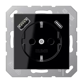A1520-15CASW чёрный Розетка SCHUKO® с USB-интерфейсом с 1 гнездо USB типа A и 1 гнездо USB типа C Jung A серия