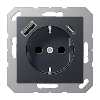 A1520-15CASWM матовый антрацит Розетка SCHUKO® с USB-интерфейсом с 1 гнездо USB типа A и 1 гнездо USB типа C Jung A серия