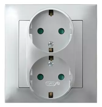 Ospel Impresja Серебро Розетка 2-я с/з Schuko со шторками, с рамкой GP-2YSP/18