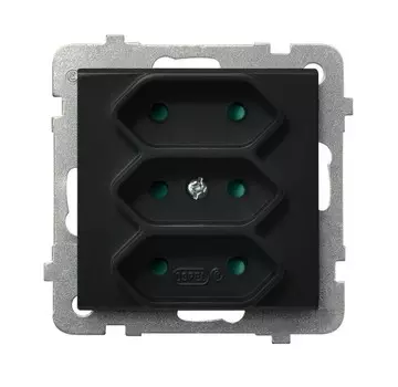 Ospel Sonata Черный металлик Розетка 3-я (в одну коробку) для узких вилок б/з EUROсо шторками, без рамки GP-3RP/m/33