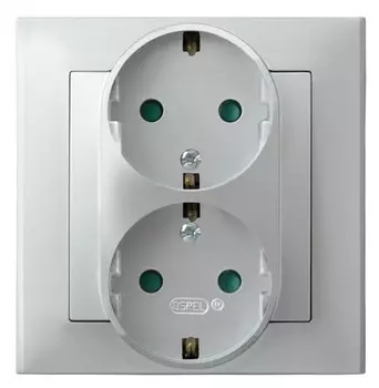 Ospel Sonata Серебро матовое Розетка 2-я с/з Schuko со шторками, с рамкой GP-2RSP/38