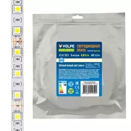 Светодиодная лента ULS-Q320 2835-60LED/m-8mm-IP20-DC12V-4,8W/m-5M-3000K катушка в герметичной упаковке Volpe