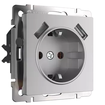 WL06-SKGS-USBx2-IP20 Розетка с заземлением, шторками и USBх2 (серебряный) Antik Werkel a033474