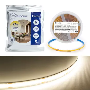 Светодиодная LED лента Feron LS530, 480SMD(2110)/м 12Вт/м 24V 5000*10*1.8мм 3000К