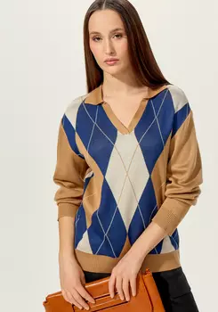 Джемпер с воротом-поло и ромбовидным узором