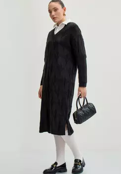 Платье миди с поясом и V-образным вырезом