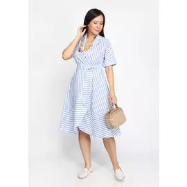 Платье в полоску двубортное с воланом
