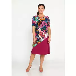 Платье с контрастной вставкой и ярким принтом