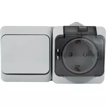 Блок выключатель с розеткой Systeme Electric Этюд 1 клавиша цвет с заземлением с крышкой IP44 цвет серый
