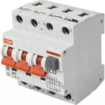 Дифференциальный автомат Tdm Electric АВДТ-63 3P N C32 A 30 мА 6 кА AС SQ0202-0019