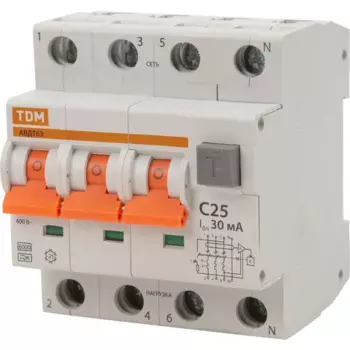 Дифференциальный автомат Tdm Electric АВДТ-63 3P N C25 A 30 мА 6 кА AС SQ0202-0018