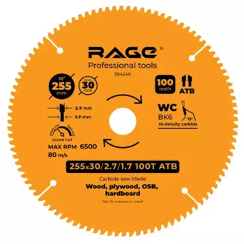Диск пильный по дереву Rage 100Т 255x30x2.7 мм, кольца 25.4/20/16