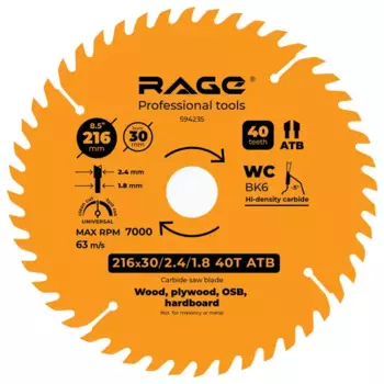 Диск пильный по дереву Rage 40Т 216x30x2.4 мм, кольца 25.4/20/16