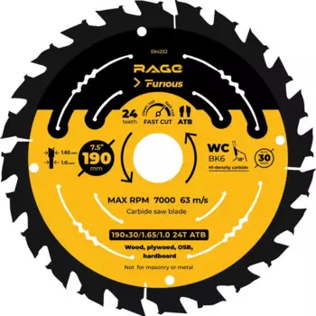 Диск пильный по дереву Rage Furious 24Т 190x30x1.65 мм, кольца 20/16